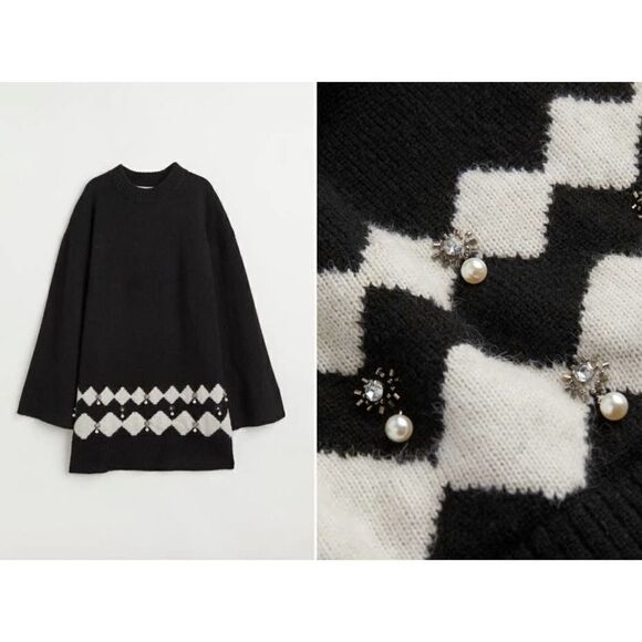 H&M Knit Dress Decorated Beaded Wide Sleeves New - Picture 10 of 10